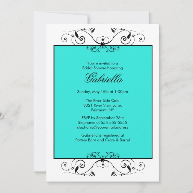 Turquoise Blue with Black Scroll Bridal shower Invitation (Front)