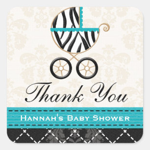 Turquoise Blue Zebra Baby Carriage Thank You Square Sticker