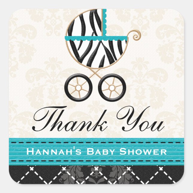 Turquoise Blue Zebra Baby Carriage Thank You Square Sticker (Front)