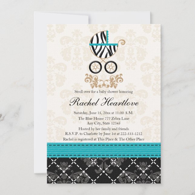 Turquoise Blue Zebra Print Carriage Baby Shower Invitation (Front)