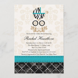 Turquoise Blue Zebra Print Carriage Baby Shower Invitation