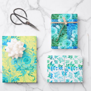 Turquoise Blues with Yellow and White, Floral Wrapping Paper Sheet