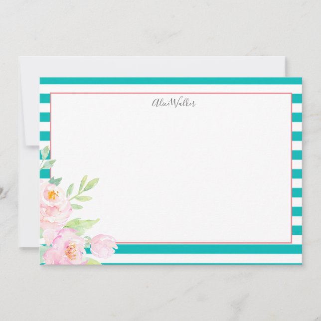 Turquoise Blush Peonies Stationery Card (Front)