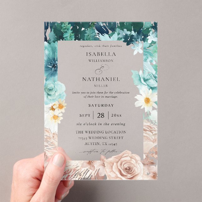 Turquoise & Blush Pink Floral Wedding 2  Acrylic Invitations (Insitu (Handheld))