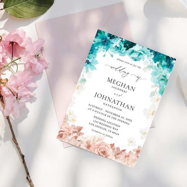 Turquoise & Blush Pink Floral Wedding Invitation (Creator Uploaded)