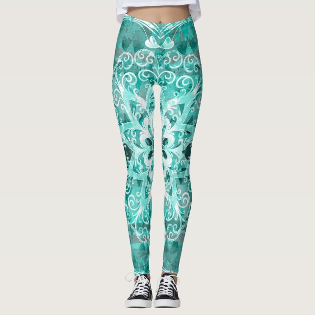 Turquoise Bohemian Mandala Lace Leggings (Front)
