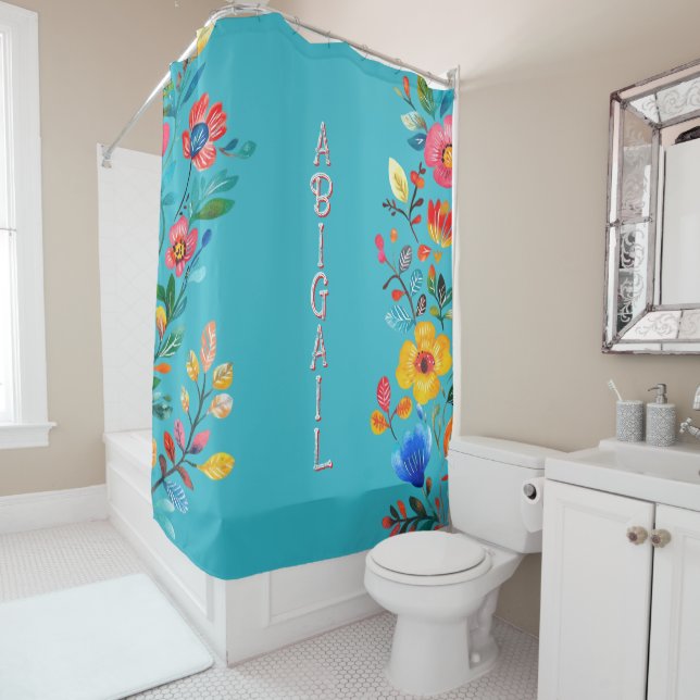 Turquoise Boho Personalised Name Mexican Floral Shower Curtain (In Situ)