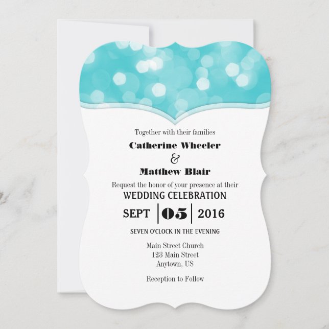 Turquoise Bokeh Glitter Lights Wedding Invites (Front)