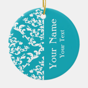 Turquoise Bold Damask w/ name at Emporiomoffa Ceramic Tree Decoration