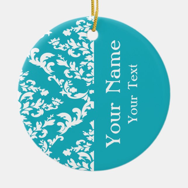 Turquoise Bold Damask w/ name at Emporiomoffa Ceramic Tree Decoration (Front)