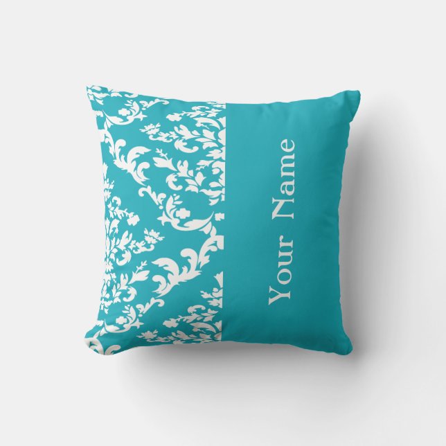 Turquoise Bold Damask w/ name @ Emporiomoffa Cushion (Front)