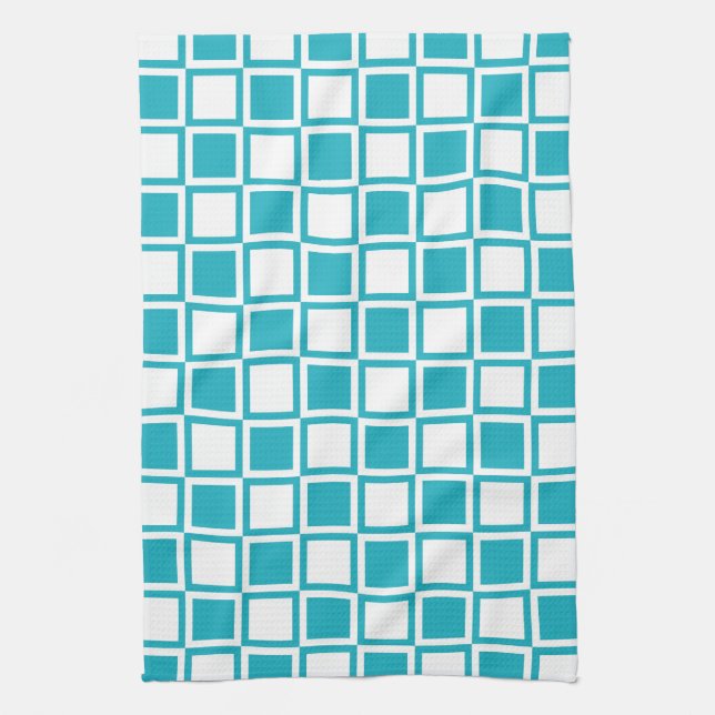 Turquoise Bold Mod Squares Tea Towel (Vertical)