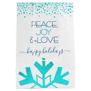 Turquoise Bold Snowflake Peace Joy Love Typography Medium Gift Bag