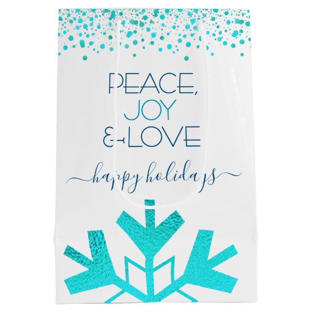 Turquoise Bold Snowflake Peace Joy Love Typography Medium Gift Bag (Back)