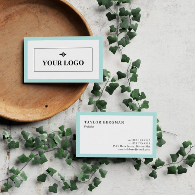 Turquoise Border Your Logo Minimalist Business Card (Creator Uploaded)