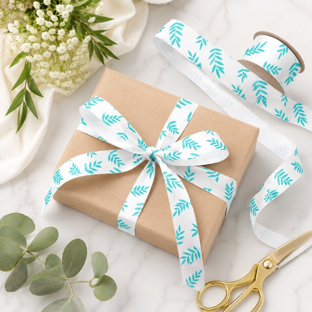 Turquoise Botanical Breeze Modern Leaf Pattern  Satin Ribbon (Creator Uploaded)
