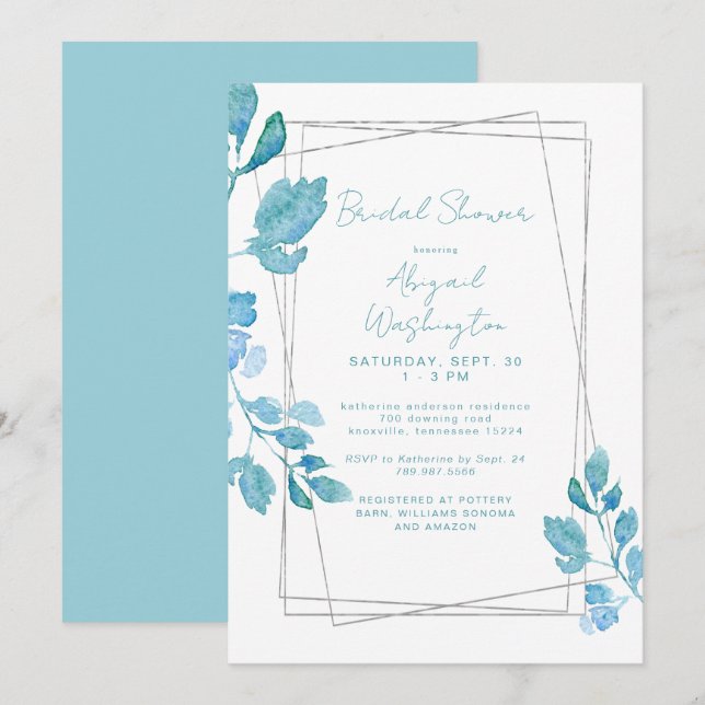 Turquoise Botanical Foliage Bridal Shower Invitation (Front/Back)