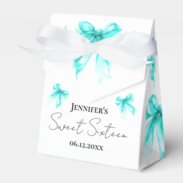 Turquoise Bow Coquette Script Sweet 16 Thank You  Favour Box (Front Side)