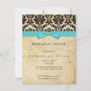 Turquoise Bow Damask Rehearsal Dinner Invitation