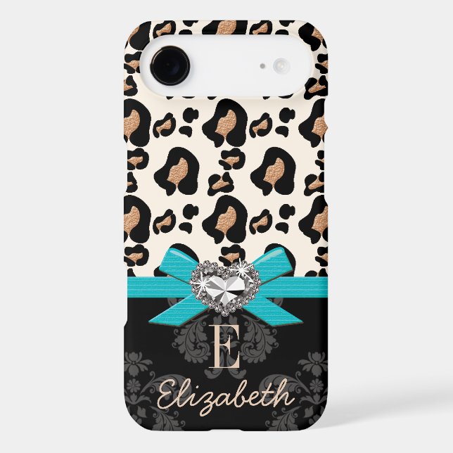 Turquoise Bow Heart Shaped Faux Bling Leopard Case-Mate iPhone Case (Back)