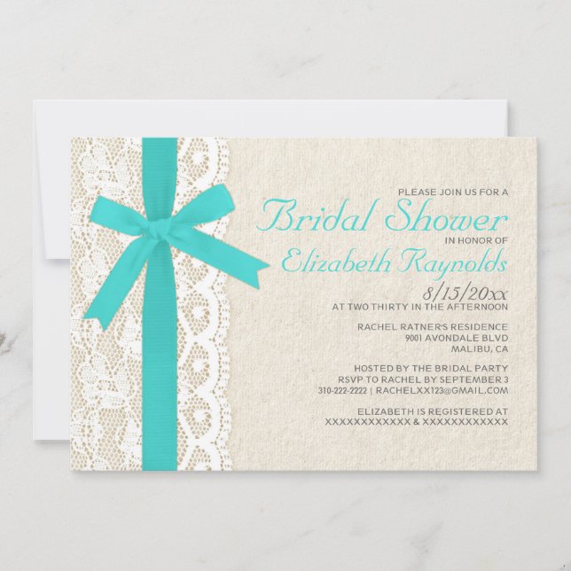 Turquoise Bow & Lace Bridal Shower Invitations (Front)