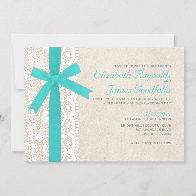 Turquoise Bow & Lace Wedding Invitations (Front)