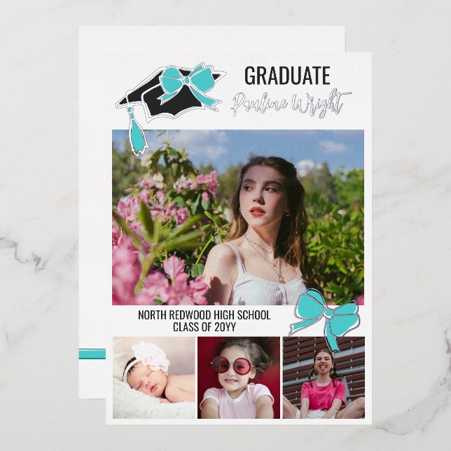 Turquoise Bow Photos Foil Outlines Graduation (Front/Back)