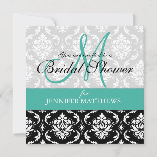 Turquoise Bridal Shower Invitation Damask Monogram (Front)