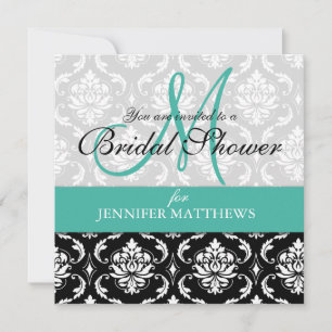 Turquoise Bridal Shower Invitation Damask Monogram
