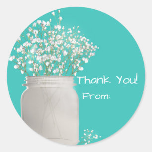 Turquoise Bridal Shower Mason Jar & Babys Breath Classic Round Sticker
