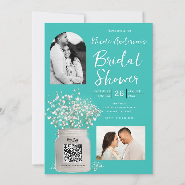 Turquoise Bridal Shower Mason Jar & Babys Breath Invitation (Front)