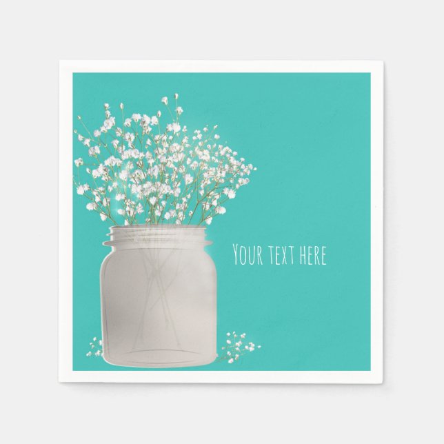 Turquoise Bridal Shower Mason Jar & Babys Breath Napkin (Front)