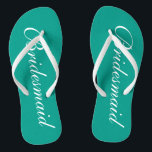 Turquoise bridesmaid flip flops for beach wedding<br><div class="desc">Cute aqua turquoise blue and white wedding flip flops for bridesmaids. Custom background and strap colour personalizable with name or monogram initials optional. Modern his and hers wedge sandals with stylish script calligraphy typography. Elegant party favour for nautical and beach themed wedding, marriage, bridal shower, engagement, anniversary, bbq, bachelorette, bachelor,...</div>