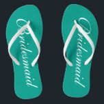 Turquoise bridesmaid flip flops for beach wedding<br><div class="desc">Cute aqua turquoise blue and white wedding flip flops for bridesmaids. Custom background and strap colour personalizable with name or monogram initials optional. Modern his and hers wedge sandals with stylish script calligraphy typography. Elegant party favour for nautical and beach themed wedding, marriage, bridal shower, engagement, anniversary, bbq, bachelorette, bachelor,...</div>