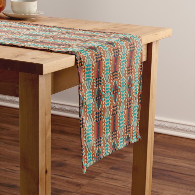 Turquoise Brown Burnt Orange Mosaic Pattern Short Table Runner (In Situ)