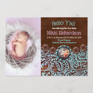 turquoise brown country western Birth Announcement