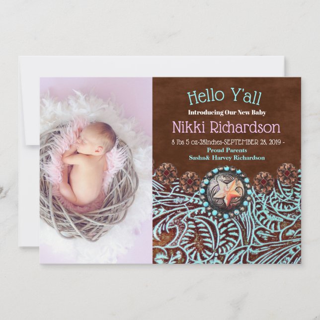 turquoise brown country western Birth Announcement (Front)