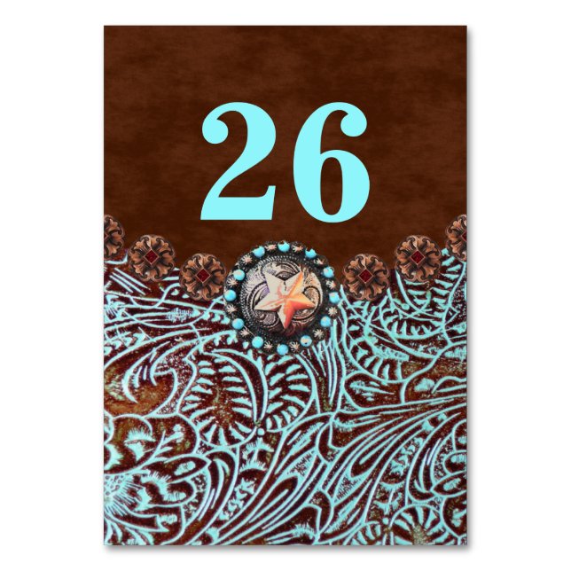turquoise brown country western wedding table number (Front)