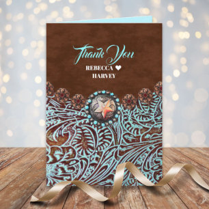 turquoise brown country western wedding thank you card