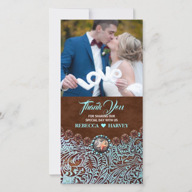 turquoise brown country western wedding thank you card (Front)