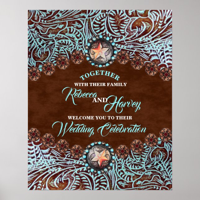 turquoise brown country western wedding welcome poster (Front)