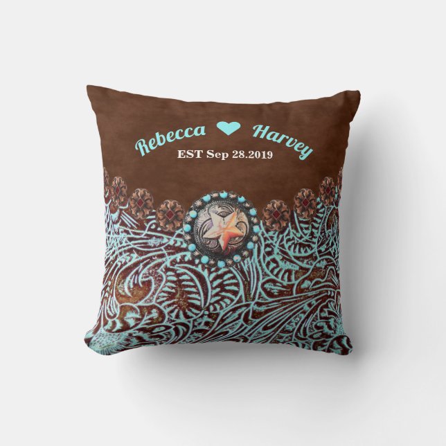 turquoise brown cowboy country western wedding cushion (Front)