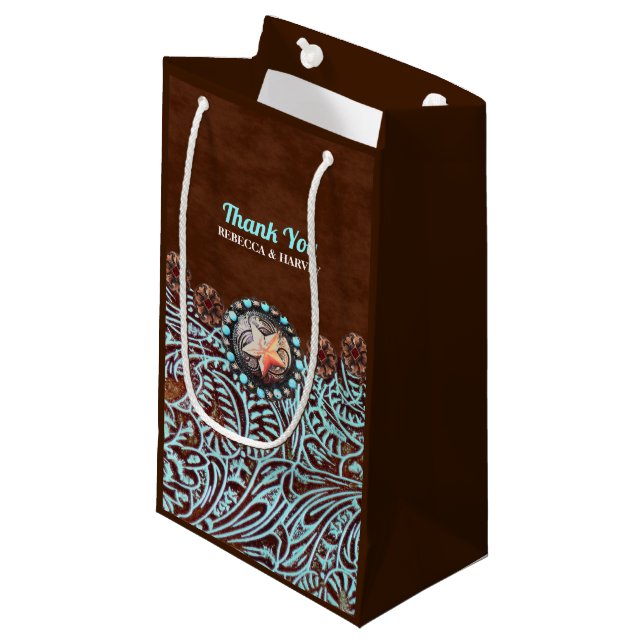 turquoise brown cowboy country western wedding small gift bag (Front Angled)