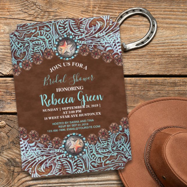 turquoise brown cowboy western bridal shower invitation (turquoise brown cowboy western bridal shower invitation)