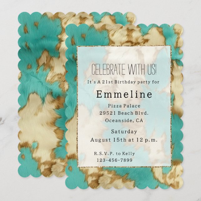 Turquoise Brown Cowhide Western Cowgirl Invitation (Front/Back)