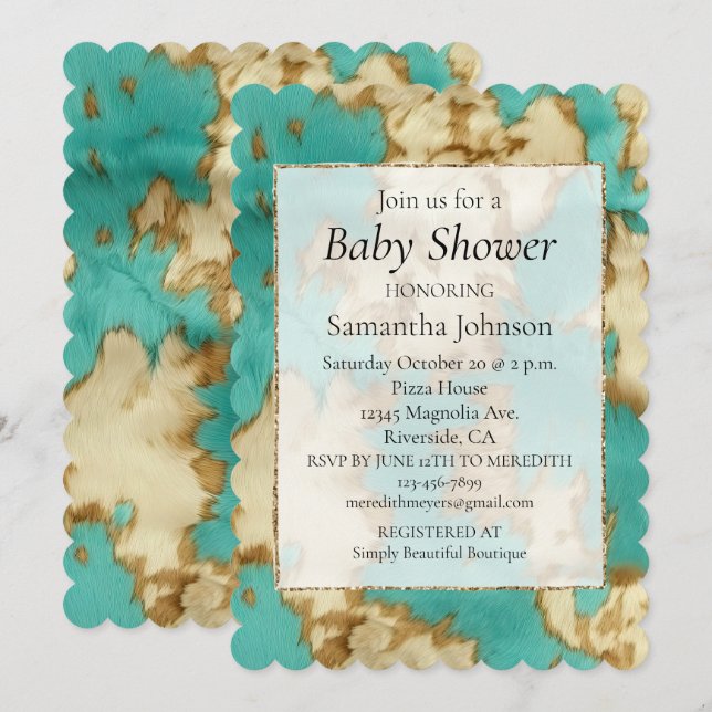 Turquoise Brown Cream Animal Cowhide Western  Invitation (Front/Back)