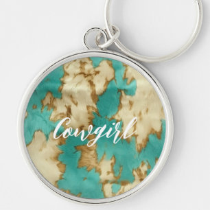 Turquoise Brown Cream Animal Cowhide Western  Key Ring