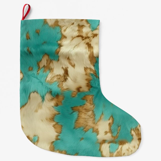 Turquoise Brown Cream Animal Cowhide Western  Large Christmas Stocking (Front)