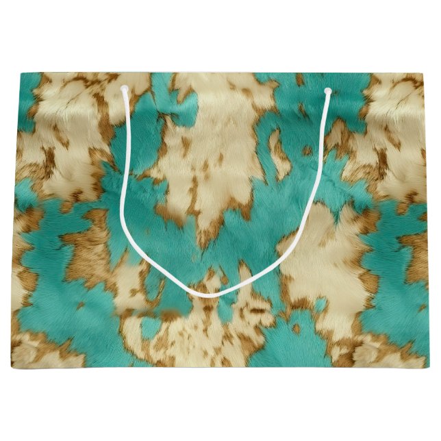 Turquoise Brown Cream Animal Cowhide Western  Large Gift Bag (Front)