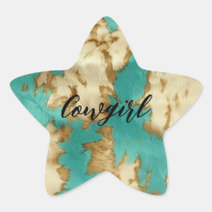 Turquoise Brown Cream Animal Cowhide Western  Star Sticker